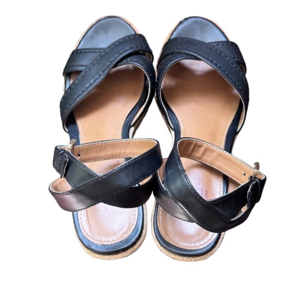 G.H. Bass & Co Black Espadrille Wedge Sandals Ankle Strap Buckle Size 8.5 - Picture 3 of 10